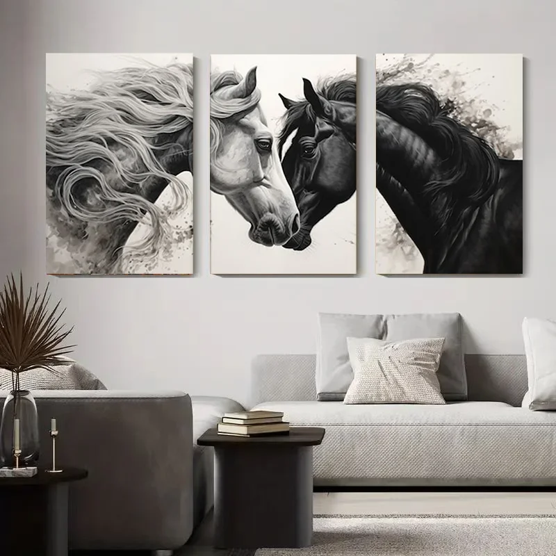 (No frame)3pcs Black and White Horse Canvas Wall Art Set - Elegant Horse Head Paintings - Animal Print Art for Living Room, B