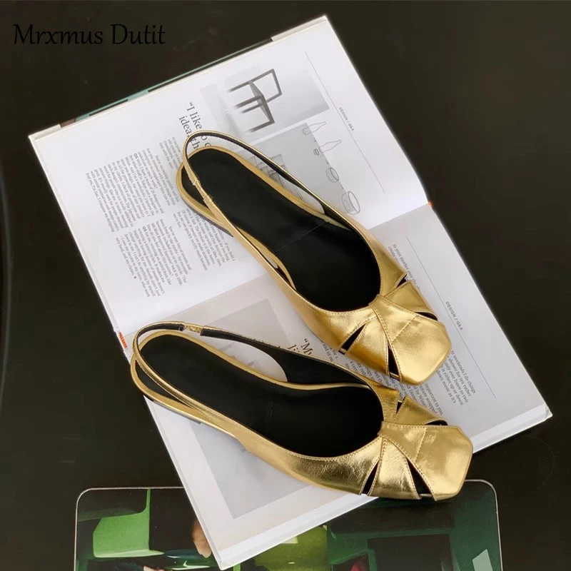 Mrxmus Dutit 2023 Summer Fashion New Women Genuine Leather Flat Weave Hollow Square Head Sandals Solid Casual Shoes Female Chic