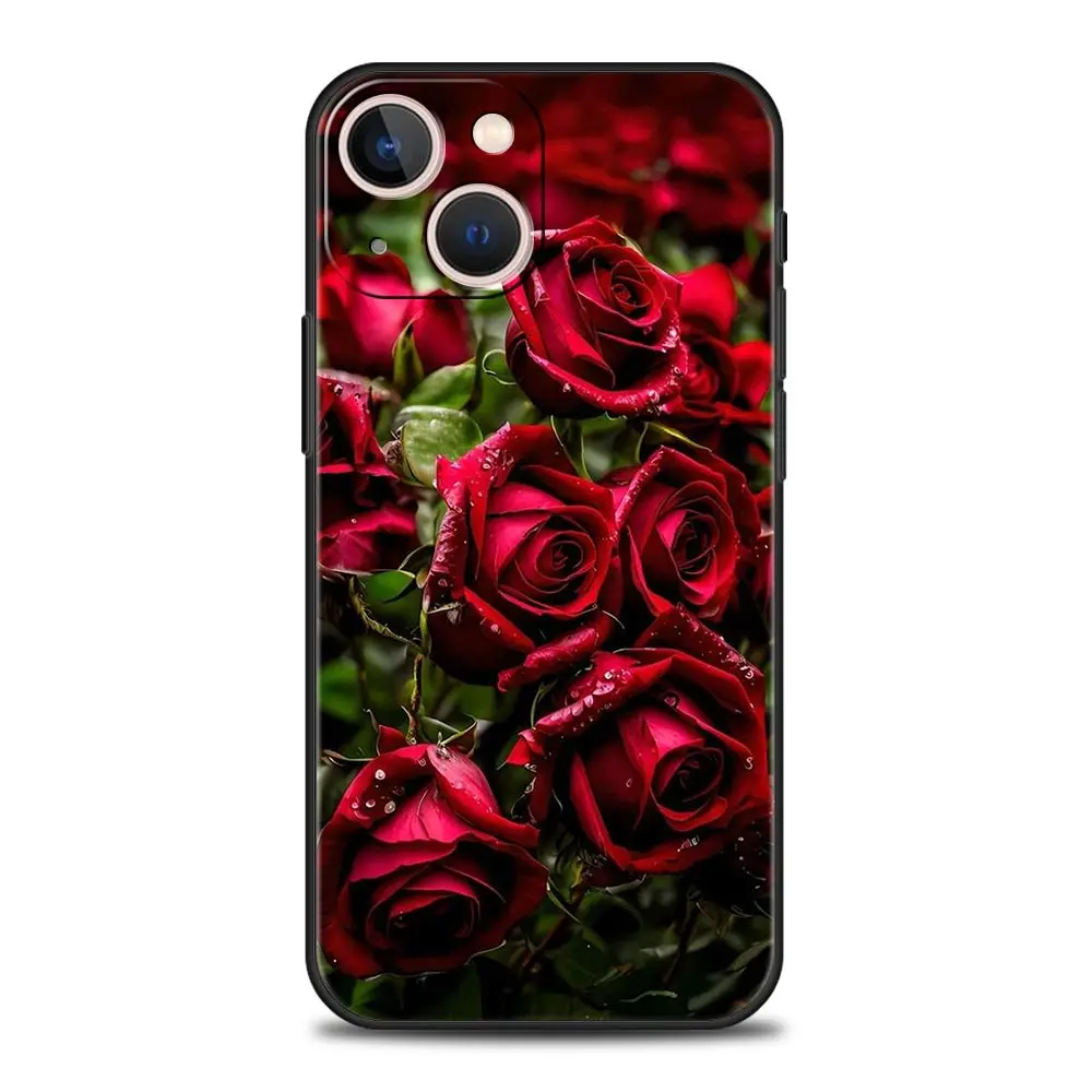 Beautiful Red Rose Flowers Luxury Phone Case For iPhone 15 16 14 13 12 mini 11 Pro Max XS X XR SE 7 8 Plus Black Cover Funda