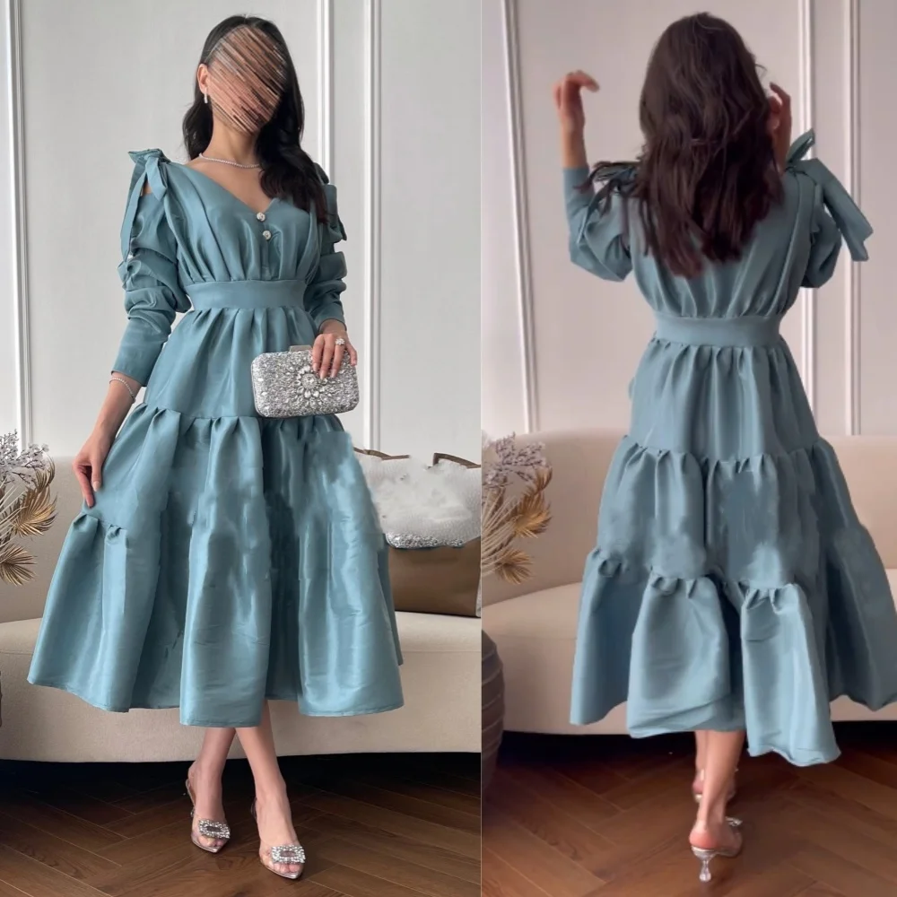 

Jiayigong Satin Bow Pleat Cocktail Party A-line V-neck Bespoke Occasion Gown Midi Dresses Sexy Casual