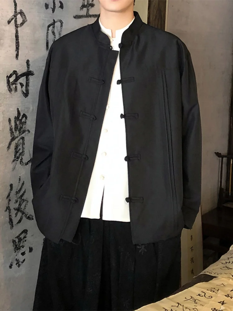 

Новая мужская куртка в китайском стиле с пуговицами, декорированная в стиле Ханьфу, дышащая, с длинными рукавами, для молодежи, на четыре сезона