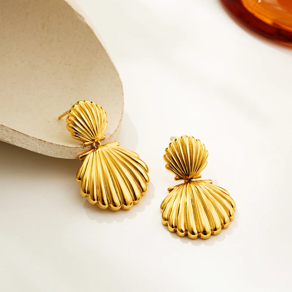 Shell Textured Metal Stainless Steel Drop Earrings Summer Beach Holiday Waterproof Charm Jewelry for Women