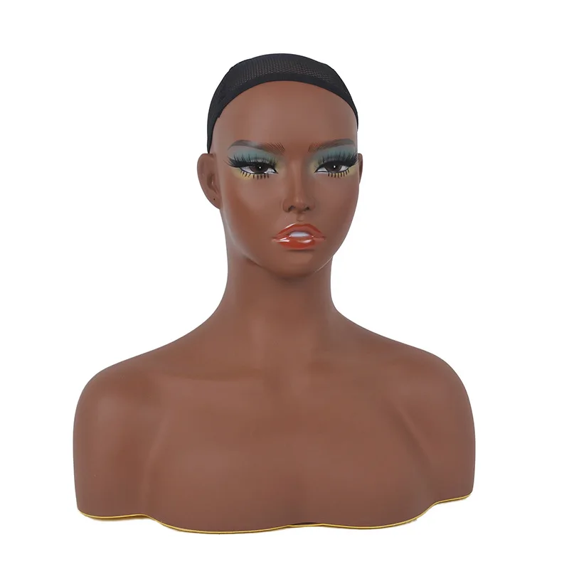 Realistic Black Skin Mannequin Head with Shoulders, Female Bust Display Model for Wig Necklace Earring Showing with Mount Hole