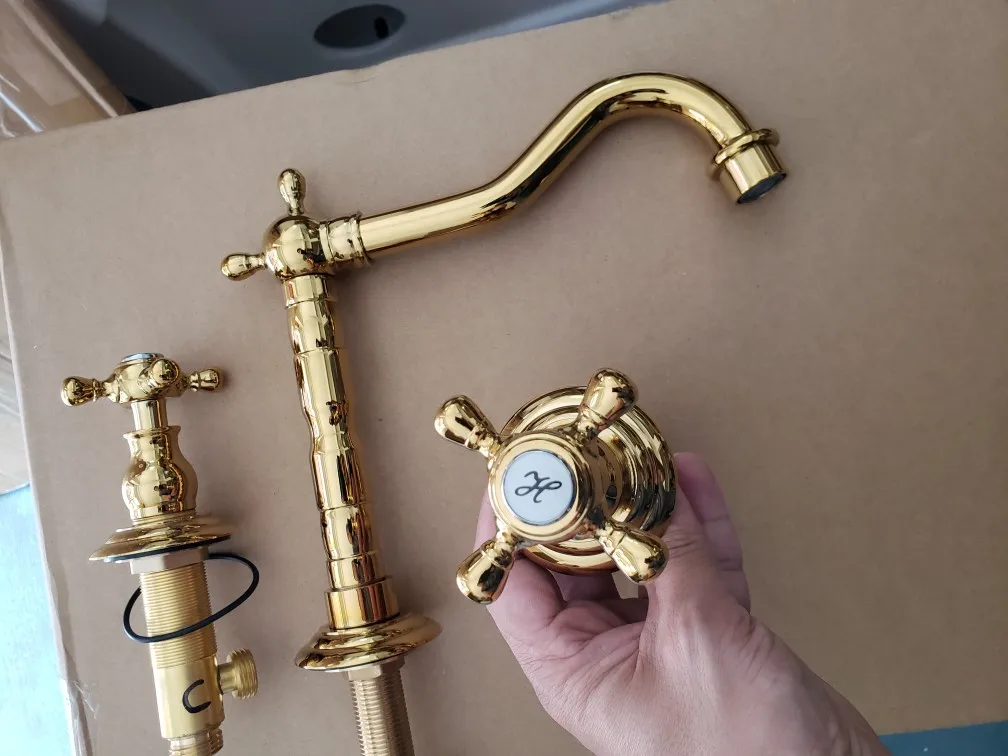 

Ретро золотой смеситель для умывальника с тремя отверстиями для горячей и холодной воды, смеситель для кухонной раковины, смеситель для ванной комнаты в стиле ретро