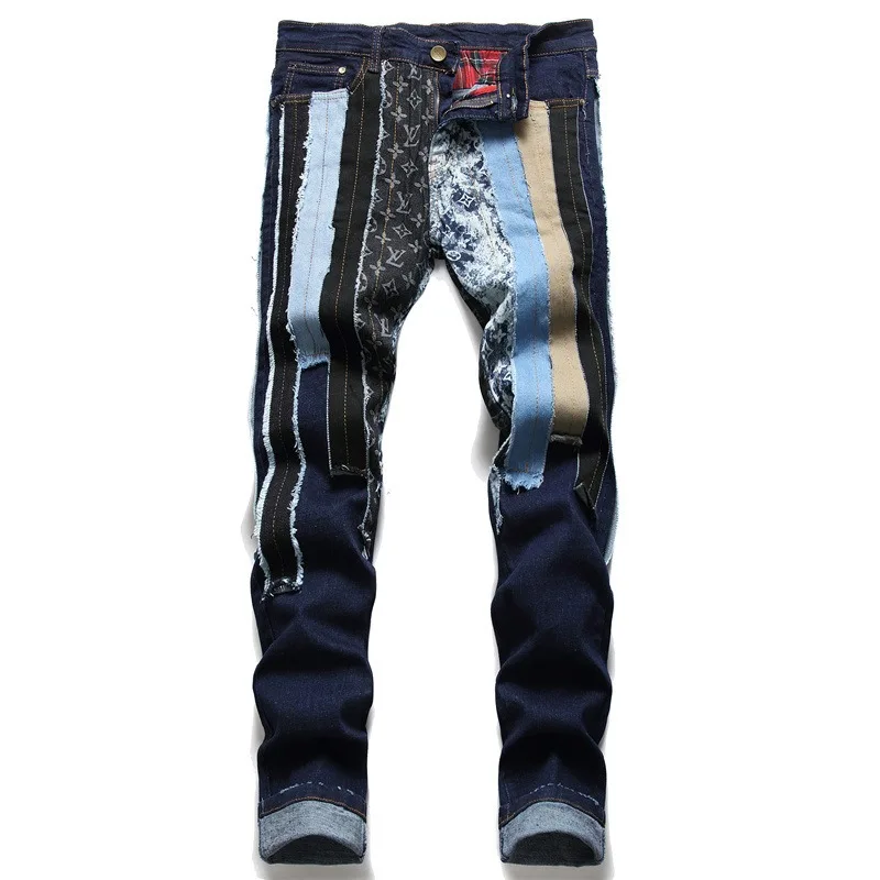 Light Luxury Men’s Street Fashion Dark Blue Jeans,Colorful Fabric Patches Punk Style Denim Pants,Trendy Stretch Casual Jeans;