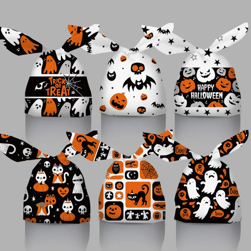 

50pcs Halloween Plastic Bags Rabbit Ear Candy Bag For Kids Gift Biscuits Cookies Dessert DIY Packaging Supplies Baking Decor