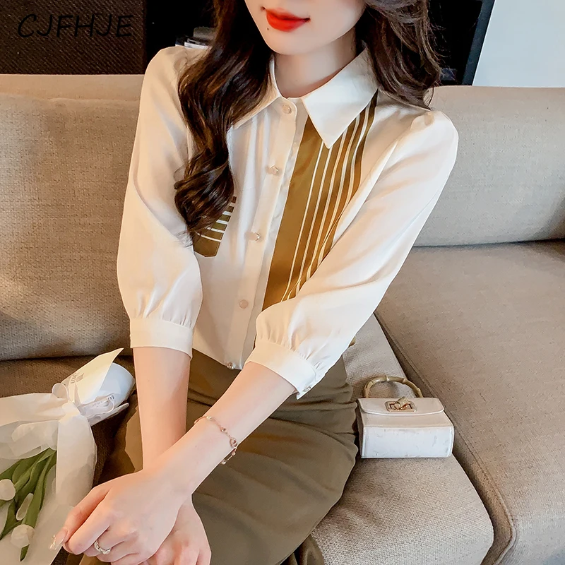 Cjfhje Lente Nieuwe Elegante Dames Polo Hals 3/4 Mouw Shirt Franse Stijl Woon-Werkverkeer Mode Vrouwen Veelzijdige Abrikozen Shirt Top