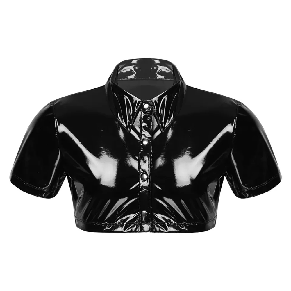 Men Sexy Crop Tops Wet Look PVC Blouse Faux Patent Leather Shirt Jacket Coat PU Slim T-Shirts Shaping Glossy Tops Stage Costumes