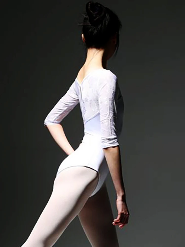 Ballet Leotards for Women Zippered Dance Leotaed Black Adult Ballerina Clothes Lace Long Sleeve Stand-up Collar Dance Costume