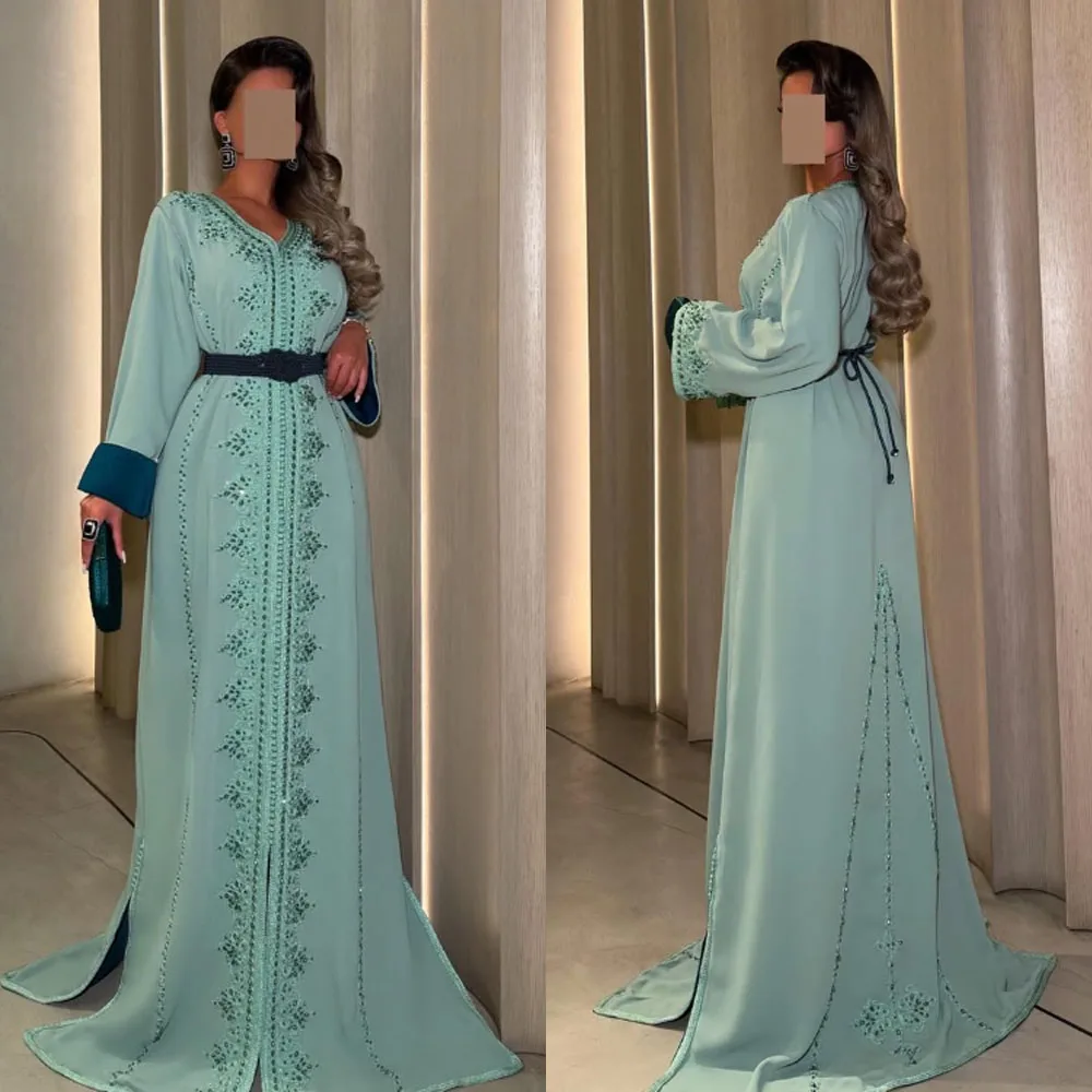 

Customized High Quality Floor Length Sweep Train Beaded Full Sleeves Belt V-neck Vestidos De Mujer Fiesta Noche Para Bodas