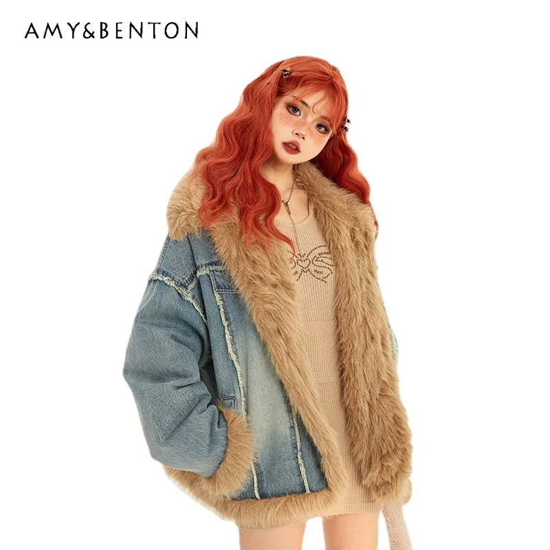 

2023 Autumn Winter New Women's Clothing Retro Patchwork Fur Lapel Denim Coat Thick Warm Top Jacket Outwear Jeans Chaqueta Mujer