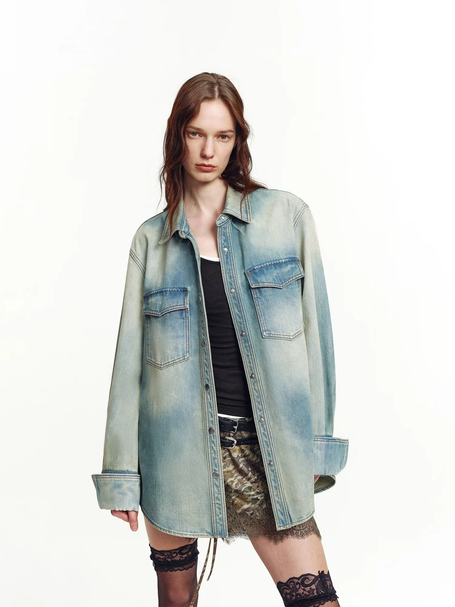 

Женская джинсовая рубашка California Hotel из чистого хлопка с эффектом брызг чернил, винтажная, с длинным рукавом, на пуговицах, верхняя одежда