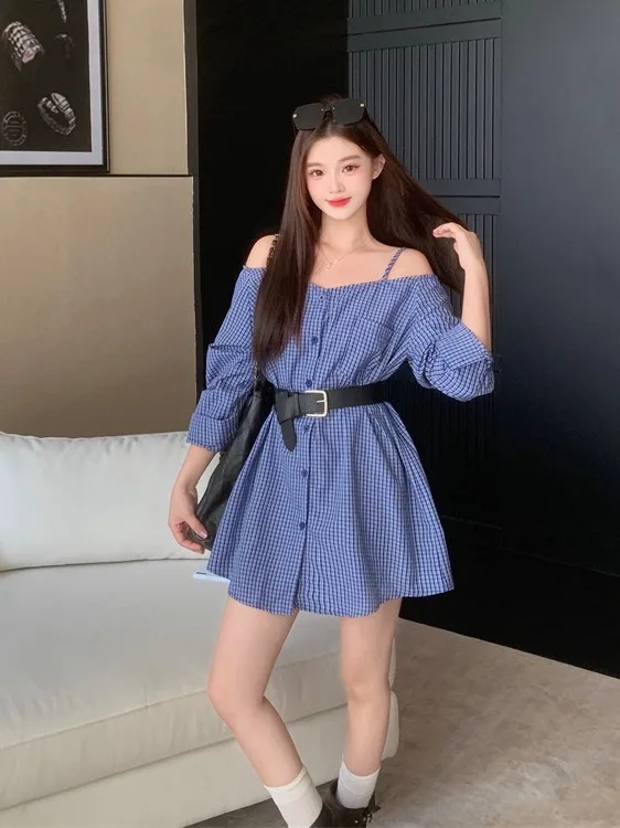 

plus Size Fashionable Plaid Shirt Dress Shoulder Bared Slimming Waist Design Early Autumn New Style Elegant Short Skirt