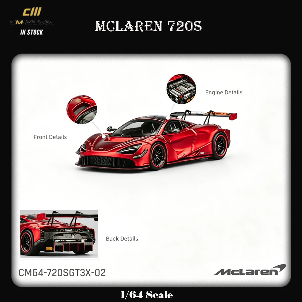 cmモデル-在庫あり1-64-マクラーレン-720s-gt3x-トラックカー-レッドメタリック-ダイキャストモデルカー-cm64-720sgt3x-02