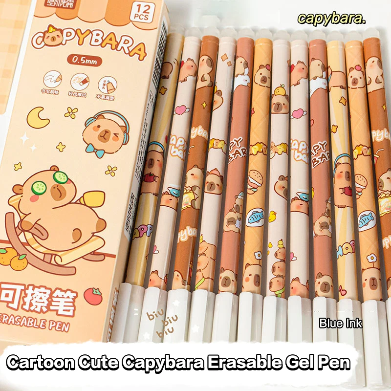 12Pcs Cartoon Capybara Panda Gel Pen Writing Smooth Quick-Drying Blue Erasable Pens Kawaii Student Stationery Office Supplies