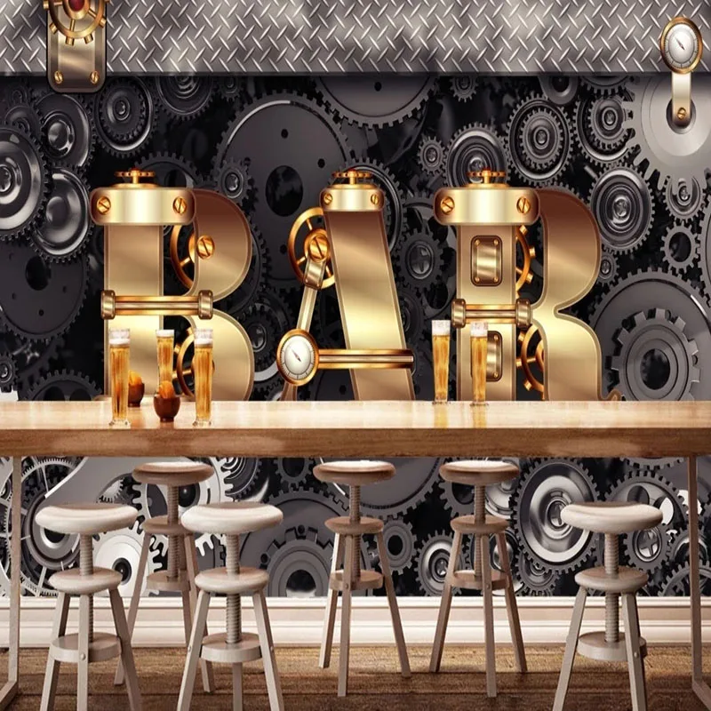 Customized products 3D Wallpaper European Style Metal Letter Mechanic Gear Wall Mural Living Room Restaurant KTV Bar Background