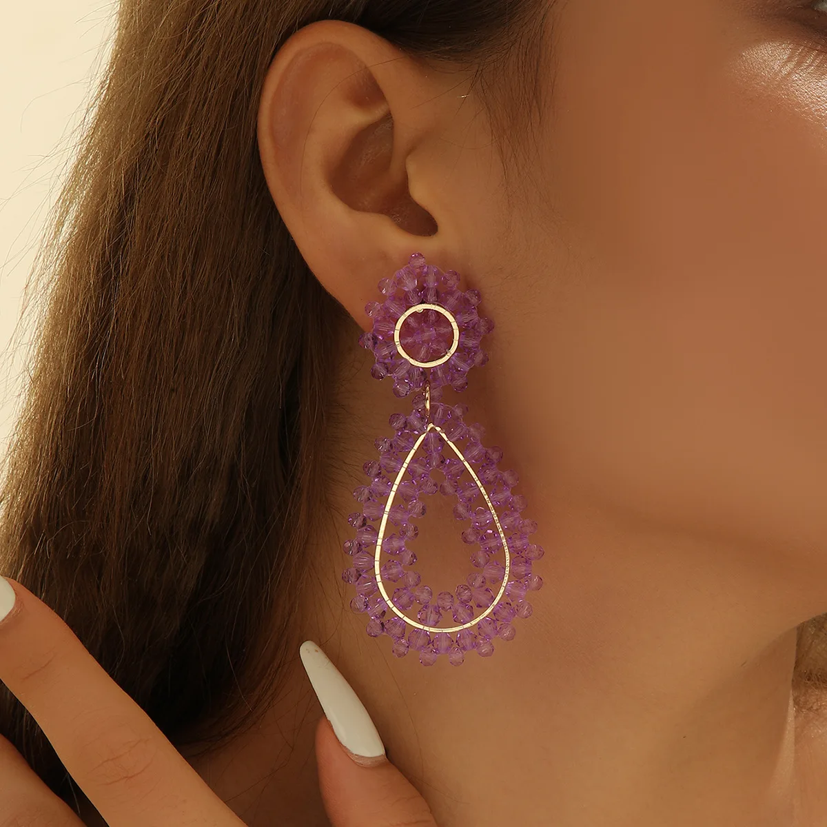 Bohemia Rice bead earrings Water drop Purple + white Crystal Hand-woven Alloy A sense of sophistication Retro Beaded earrings