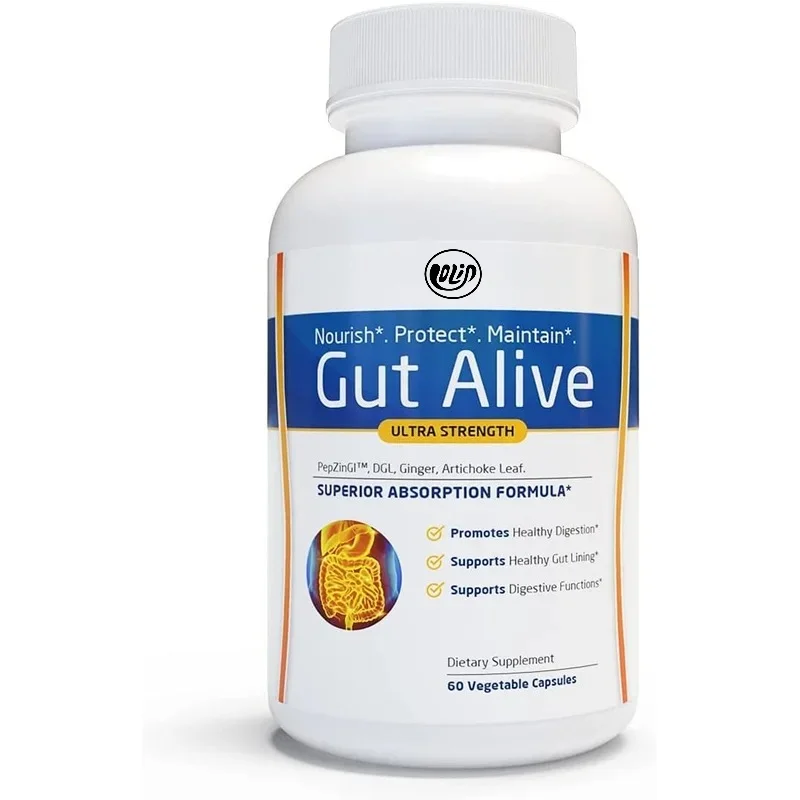 Gut Alive - All Natural Support To Fight IBS Heartburn Acid Indigestion Acid Reflux Bloating & Gas Unique Formulation 60 Count