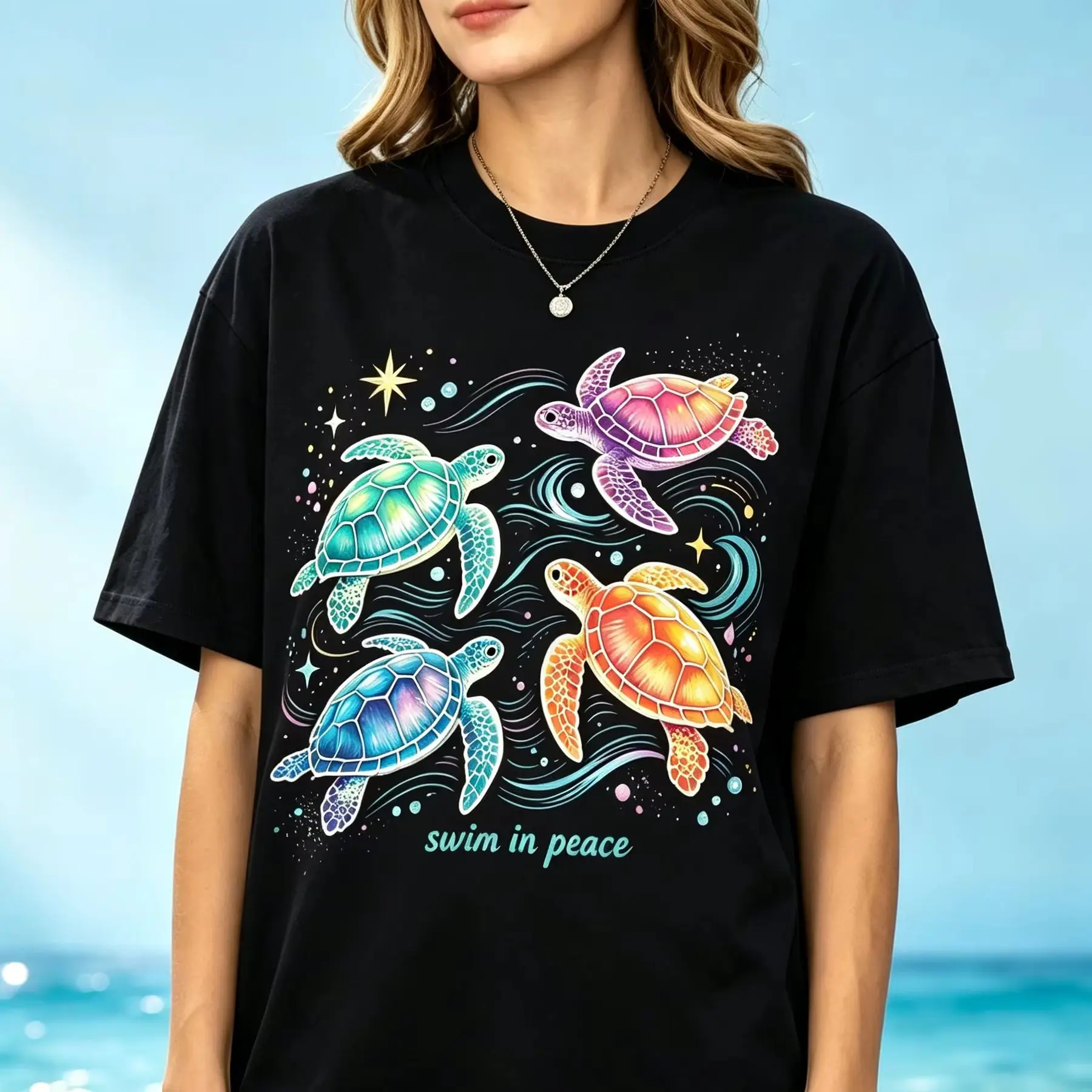 Swim In Peace Colorful Sea Turtles Ocean Waves Starry Watercolor Graphic T Shirt Boho Beach Women Short Sleeve Casual Tee