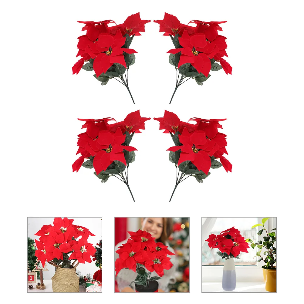 

4pcs Artificial Poinsettia Flowers Lifelike Table Decor For Home Office Vase Arrangement Christmas Decoration Simulation Flower