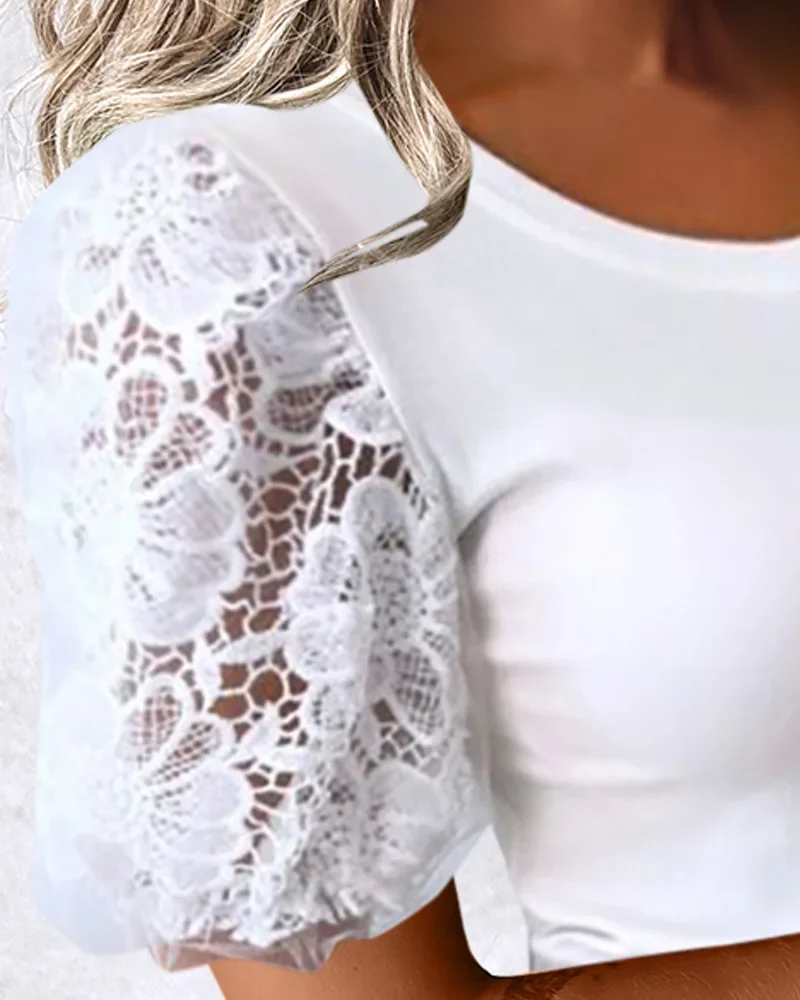 White Tops Women 2025 Summer Fashion Floral Pattern Contrast Lace Puff Sleeve Casual Plain U-Neck Short Sleeve Daily T-Shirt Top