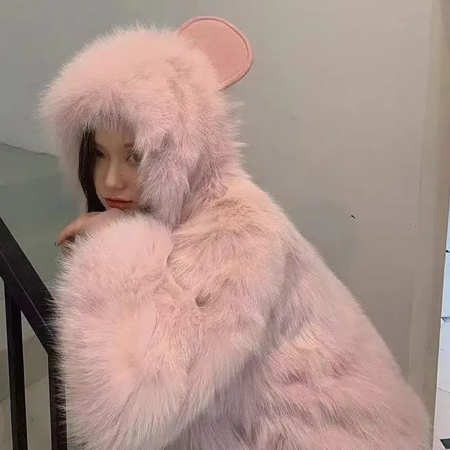 2025 Winter Faux Fox Fur Coat Women Korean Style Short Plush Jacket Rabbit Ear Hooded Trendy Cropped Outerwear