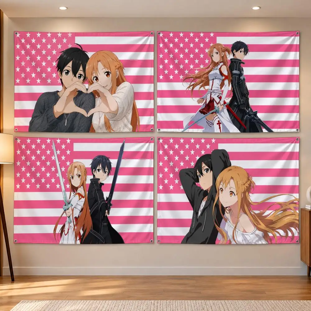 Anime Sword Art Online Gaming Duo K-Kirito X Asuna Flags Banner Decor for Bedroom,Garden,Party,Club,Indoor Outdoor, Fan Gift