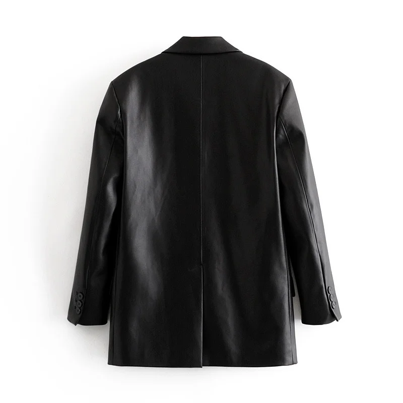 Elegante schwarze Pu Blazer weibliche gefälschte Tasche lässig lang ärmel ige Ein knopf Büro Herbst und Winter Damen koreanischen Blazer 2022