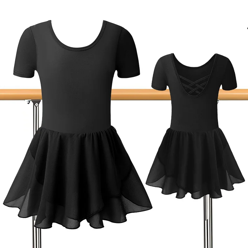 Kurzarm-Tanzkleid für Mädchen, Ballett-Tanztrikots für Mädchen, Gymnastikröcke mit U-förmigen Kreuzträgern und doppellagigem Rock