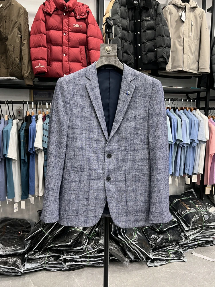 

Легкий повседневный мужской однобортный пиджак на весну-осень, простой клетчатый, на двух пуговицах, без этикеток