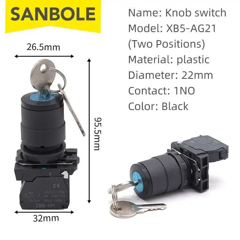 مقبض/مفتاح XB5 مجموعة مفتاح زر دوار اتصال فضي AD33 AG21 محدد موقعين/ثلاثة أوضاع أسود NO NC #4