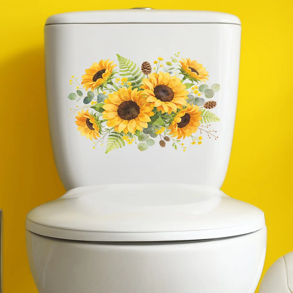 Sonnenblumen-Toilettensitz-Aufkleber, Aquarell-Blumen-Kiefernzapfen-Eukalyptus-Wandaufkleber, Badezimmer-Toilettentankdeckel-Dekoration