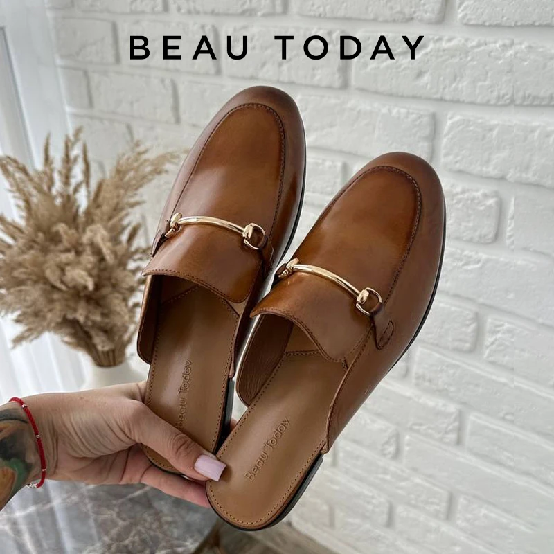 BEAUTODAY Casual Mules Women Calfskin Leather Metal Decoration Solid Color Slippers Fashion Ladies Flat Shoes Handmade 36265