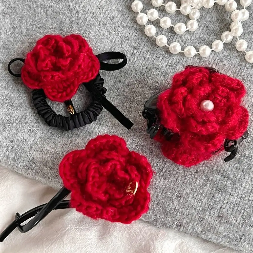 Knitted Rose Flower Hair Claw 3D Crab Clip Wool Flower Hair Rope Hair Accessories Ponytail Holder Rubber Hair Tie Children