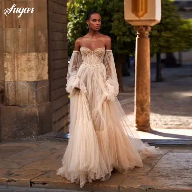 Graziosi abiti da ballo con scollo a cuore in tulle con perline Abito lungo a trapezio personalizzato Moda Boho per abiti da donna per maniche lussureggianti da sposa