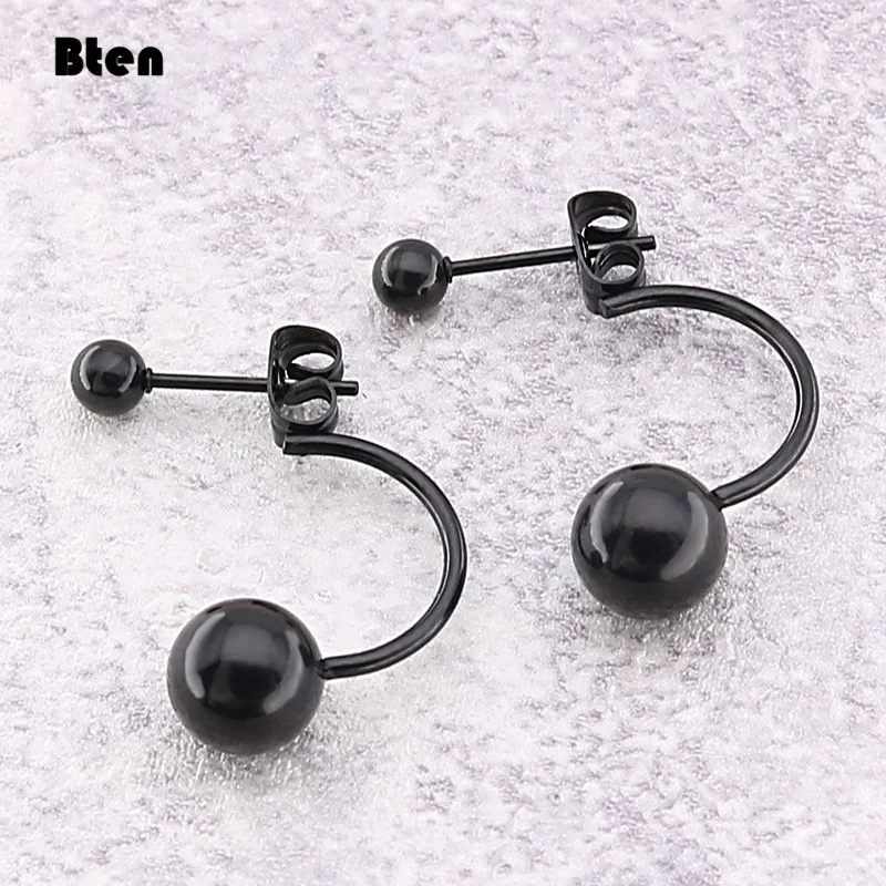 Bten New Gold Black Silver Color Double Side Earring Fashion Jewelry Stainless Steel Earrings Ball Women Double Stud Earrings