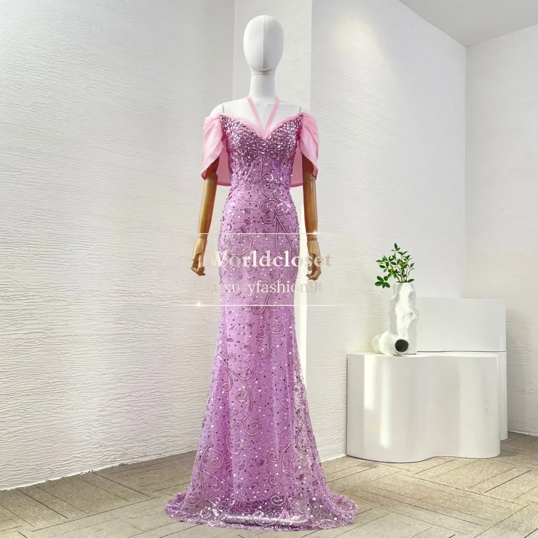 

High Quality Violet Purple Diamonds Sequins Short Sleeve Halter Off The Shoulder Maxi Dress