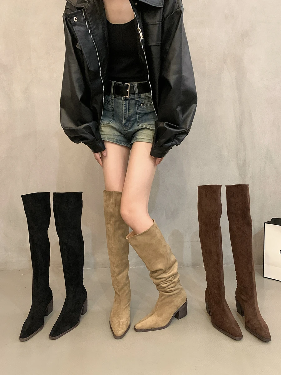 

Knee-high Slimming Pointed-toe High Heel Knight Boots Women's Autumn Winter New Sle Khaki Color Vintage Long Boots Faionable