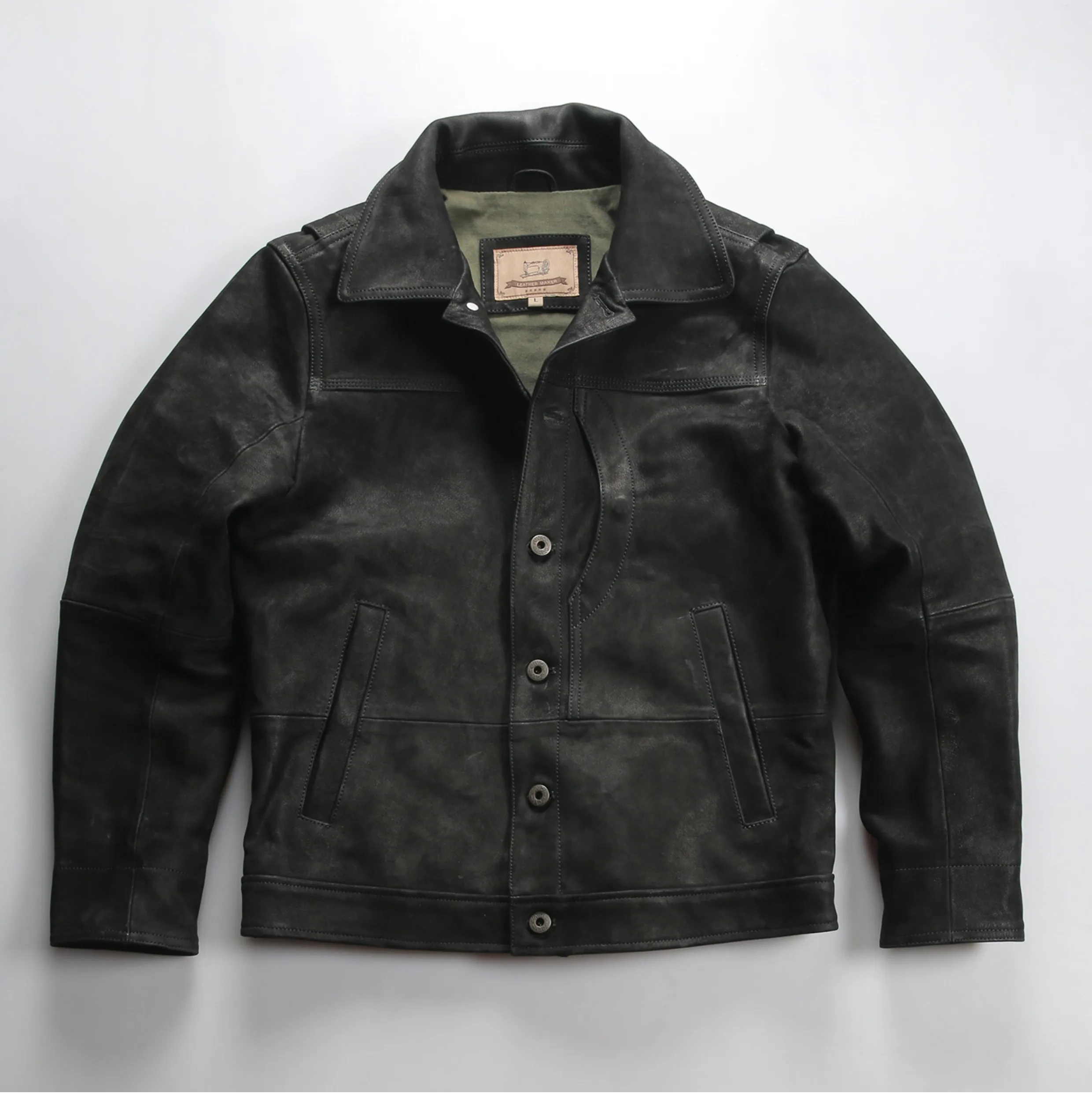 

Черная осенняя кожаная куртка для мужчин в стиле ретро, большие размеры 5XL, однобортное пальто из натуральной овчины с отложным воротником