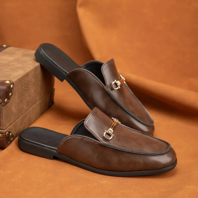 Mens Mules Summer Backless Leather Loafers Slippers Shoes Man Open Back Casual Mules Driving Shoes for Men Black Brown Gift