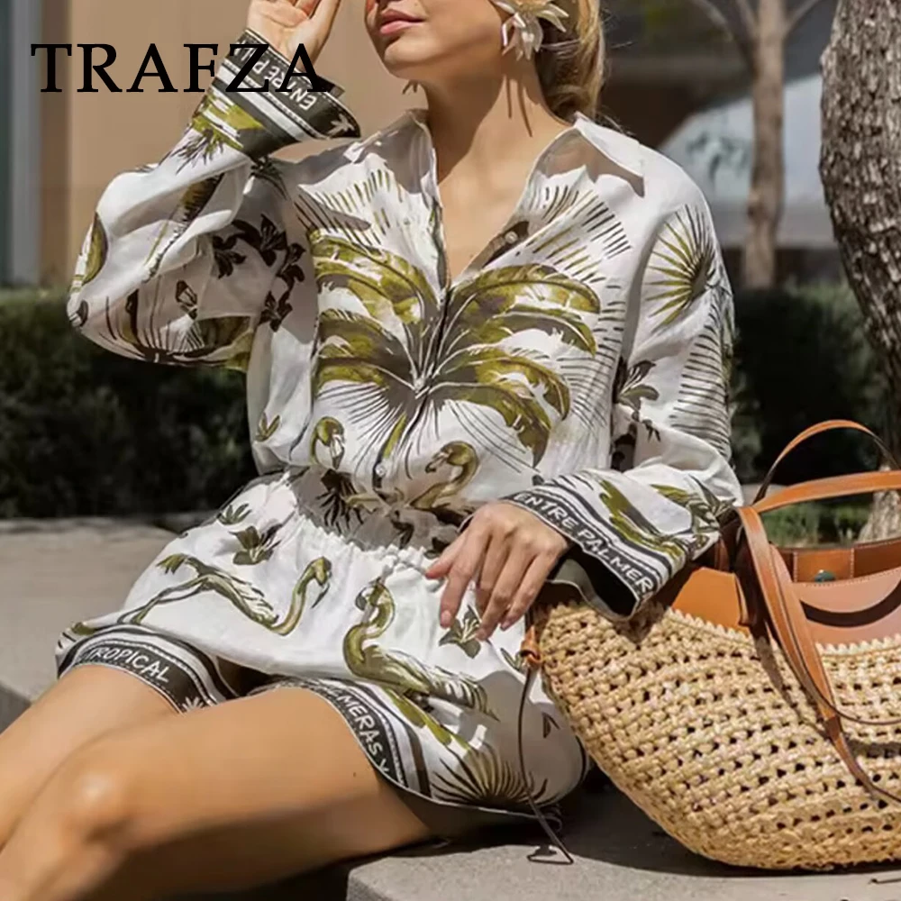

TRAFZA Vintage Casual Woman Print Suit Fashion 2025 Summer Button Shirt+Elastic Waist Pockets Shorts Chic Holiday Mujer Sets