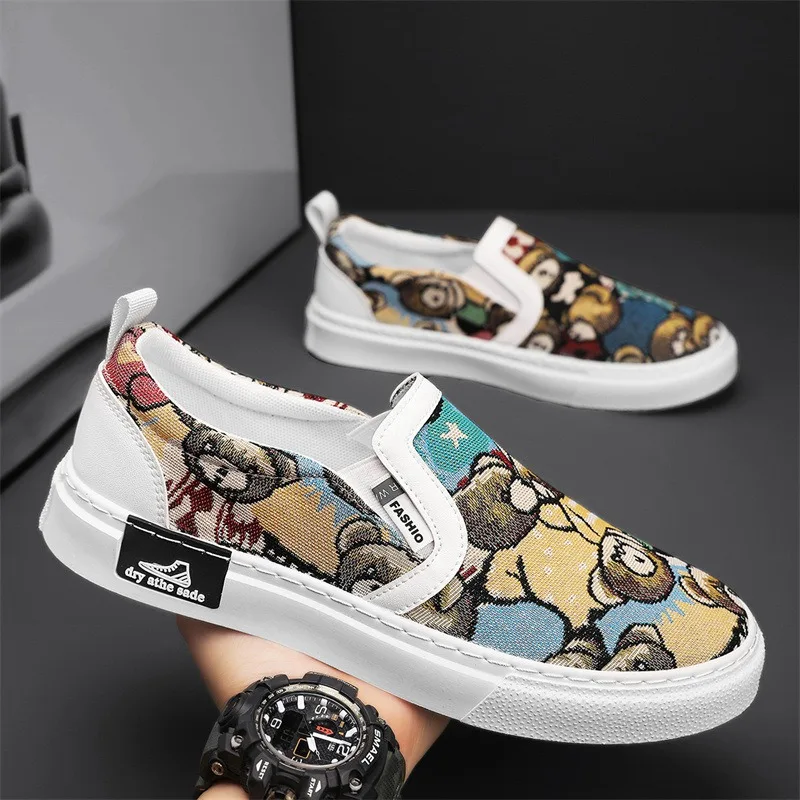 

Дизайнерские парусиновые туфли с рисунком медведя для мужчин, парусиновые лоферы, мужская повседневная обувь из некожи, tenis hombres