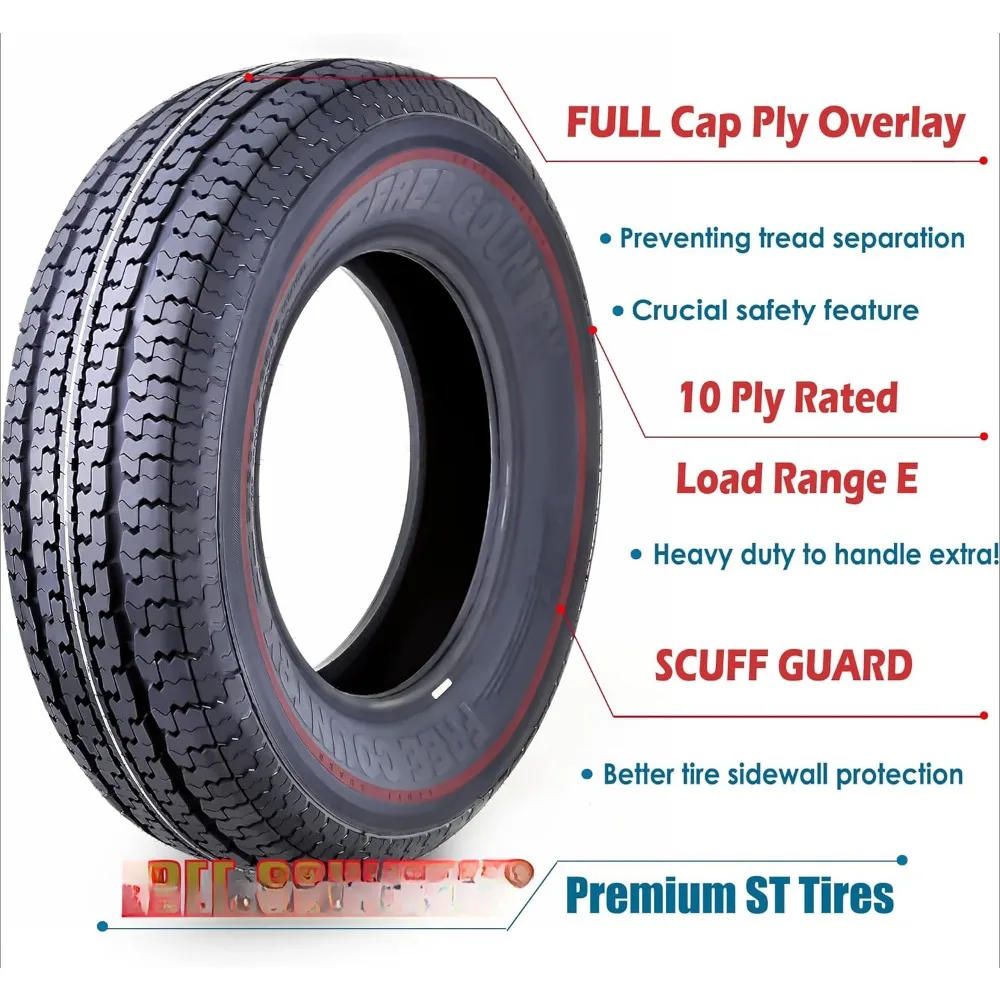 Car Tire Set 4 Trailer Tires ST225/75R15 10 Ply Load Range E Steel Belted Radial W/Featured Scuff Guard 8mm Tread Depth