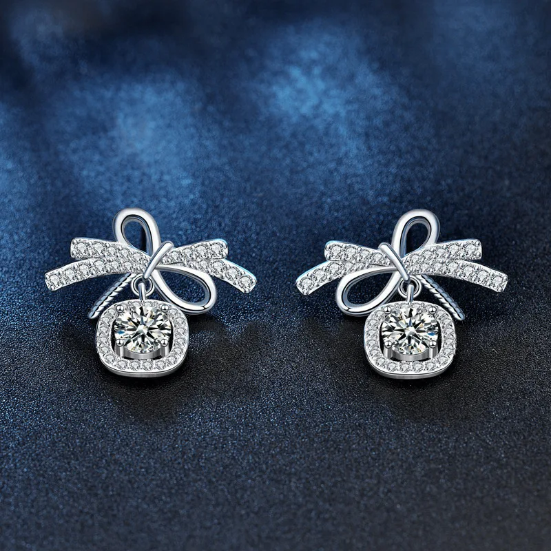 Elegant S925 Sterling Silver 0.5ct*2 Moissanite Earrings - Bow & Fringe Design Jewelry for Women Valentine's Day gift