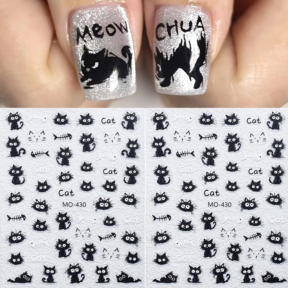 2-teiliges Set 5D Geprägte Schwarze Katze Fischgräten Nagelkunst-Aufkleber Niedliche Lustige Accessoires für Acrylnägel DIY