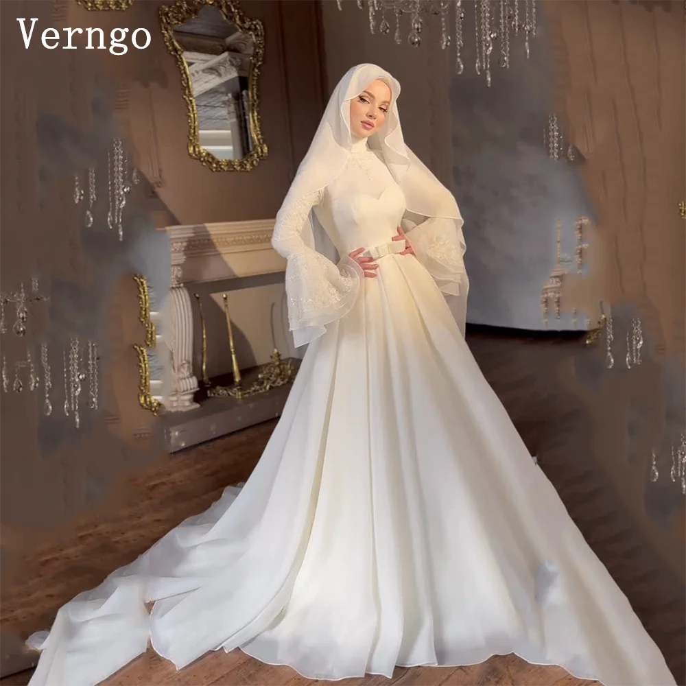 

Verngo Modest Satin Wedding Dress High Neck Lace Appliques Bridal Gowns Mulism Sweep Train Bride Dress Customized