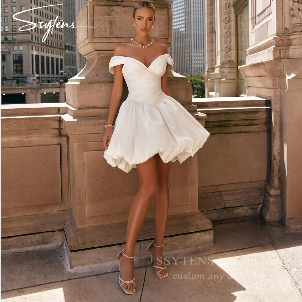 

SSYTENS Short Off The Shoulder Wedding Dresses Knee Length Party Gowns for Brides Mini Lace Up Back Bridal Dresses Customized