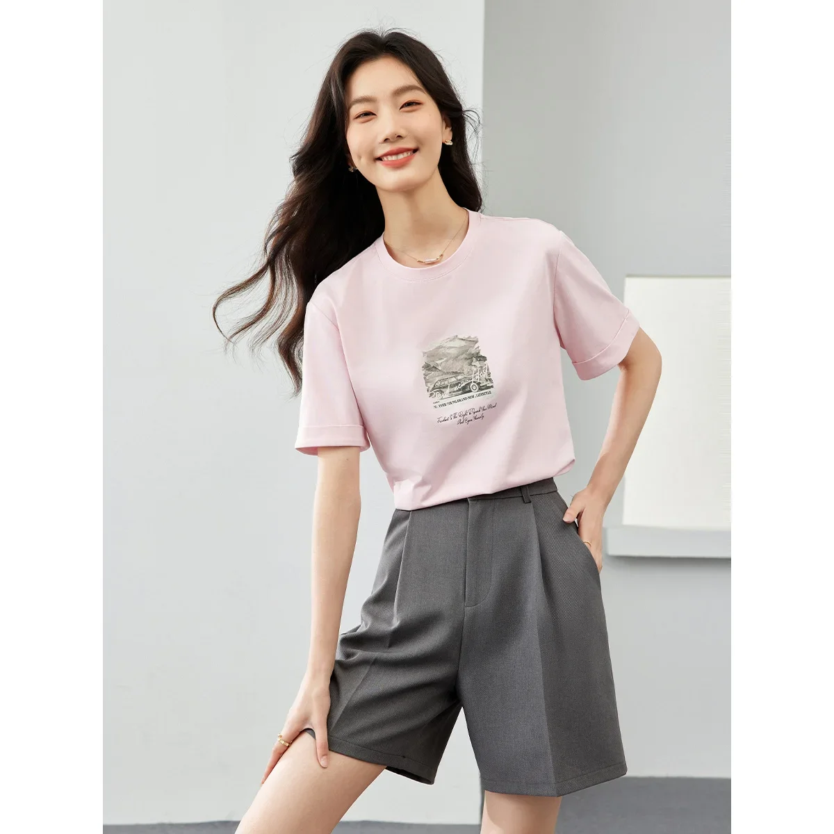 Vimly Apricot Printed Short Sleeves Loose Thin T-shirt Top 2024 Summer New Casual Round Neck Women Pullovers Clothing M6962