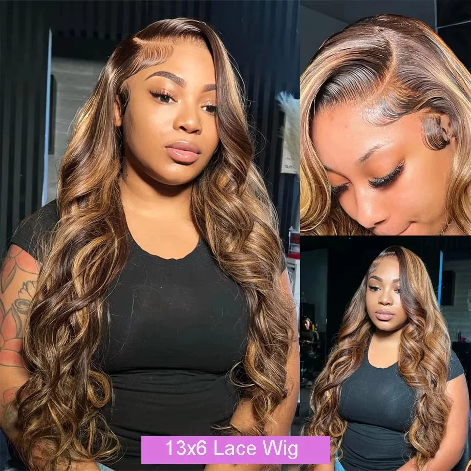 Body Wave 13X6 HD kantfront pruik 210 Density Highlight Ombre gekleurd voorgeplukt Braziliaans mensenhaar 13X4 kantfront pruik