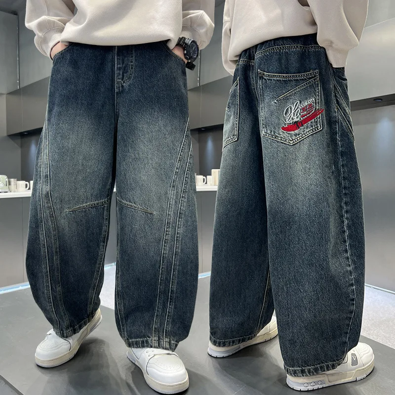 Teenage Boys Vintage Blue Baggy Curved Jeans for Kids Fashion Casual Wide Leg Denim Pants Children Loose Jeans Trousers 4-14Y